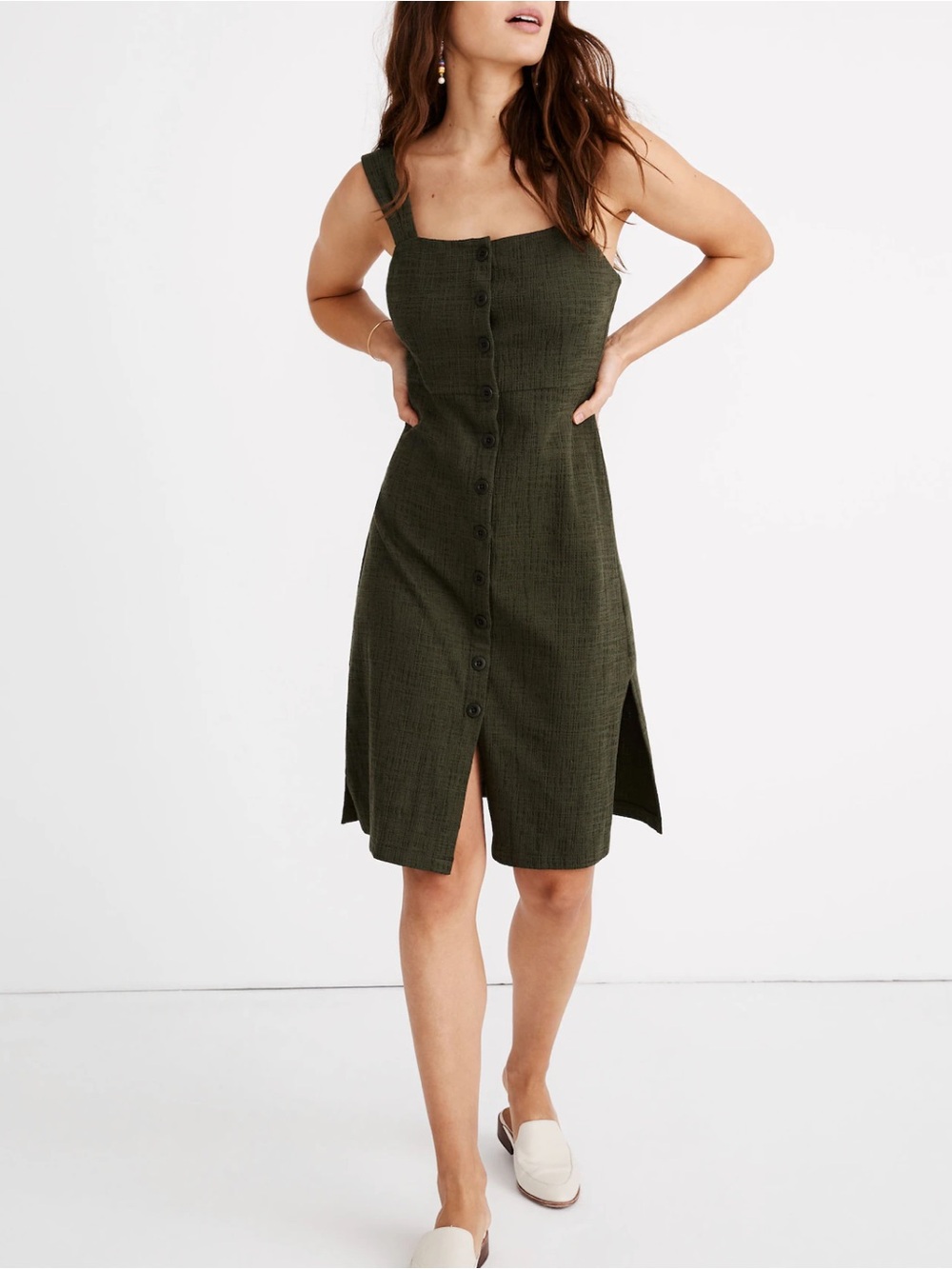 Madewell Dark Forest Texture & Thread Button-Front Tank Dress XS